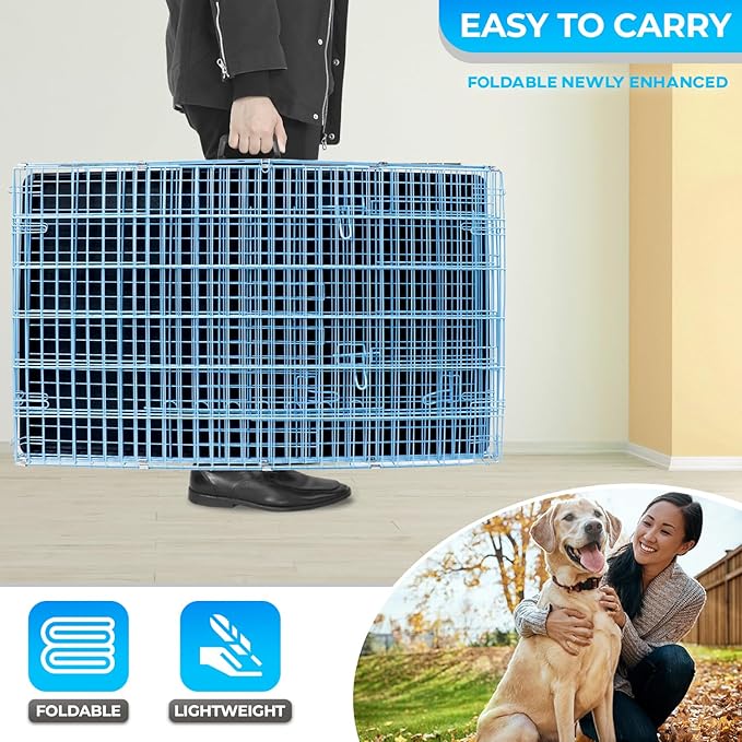 FDW Dog Crate for Large Dogs 42 Inch Folding Metal WirePet Cage Double Door W/Divider Panel Indoor Outdoor Kennel Leak-Proof Plastic Tray,Blue-PurrikoPets