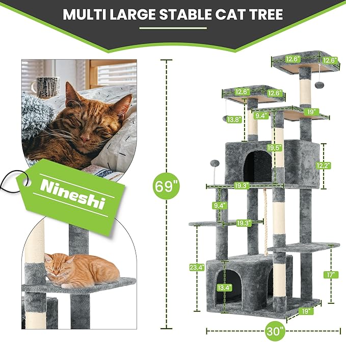 69in Large Cat Tree Tower for Indoor Cats with Soft Plush Hang Ball, Two Condos, Sisal Scratch Posts & Rope Play for Kittens/Adult Cats, Grey-PurrikoPets