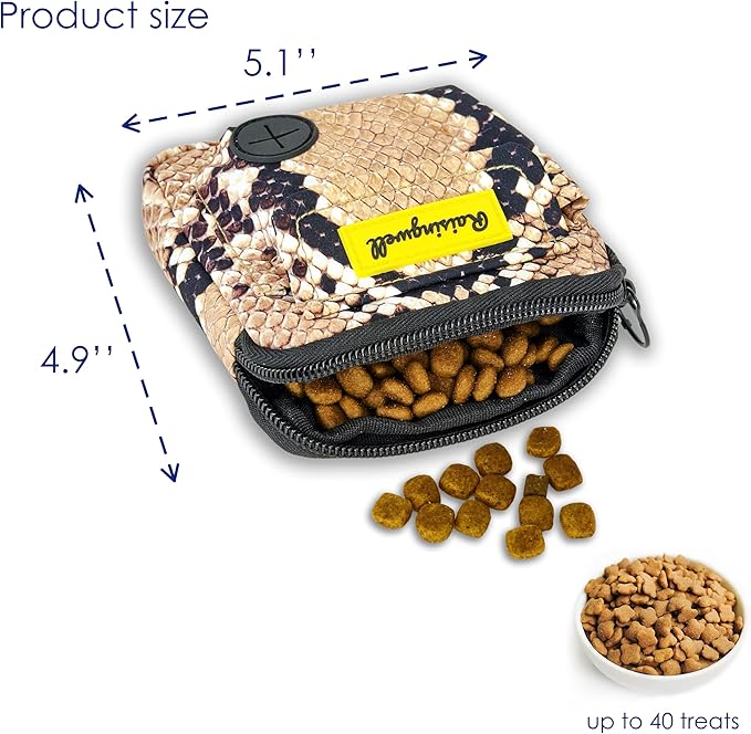 Dog Treat Pouch for Pet Walking and Training with Clicker Poop Bags and Double Bag Design Small Fanny Zipper Pack Holder for Puppy Snack Dispenser Kit for Leash and Outdoor Use Snake Skin-PurrikoPets