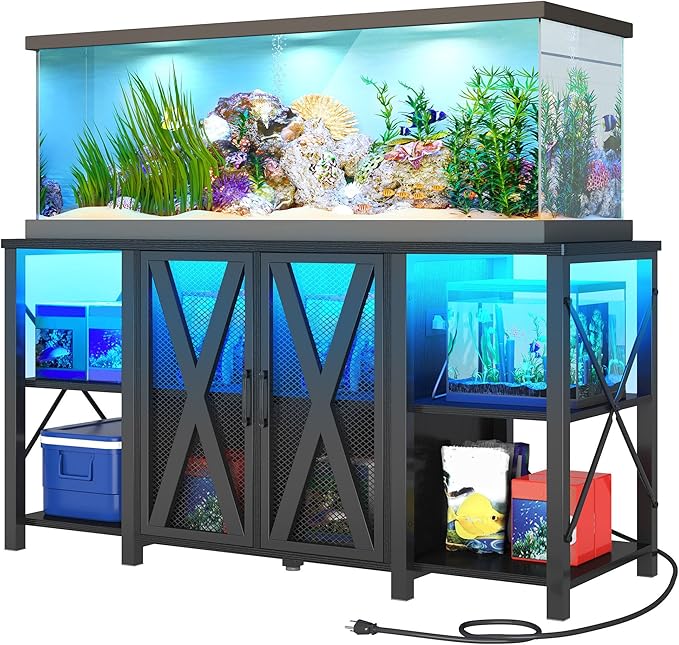 DWVO Reptile Tank Stand Aquarium Stand with Power Outlet & LED Light, 75/90/120 Gallon Terrarium Stand Cabinet - Heavy Duty Fish Tank Stand for Turtle Tank, Reptile Terrarium, 2000LBS Capacity, Black-PurrikoPets