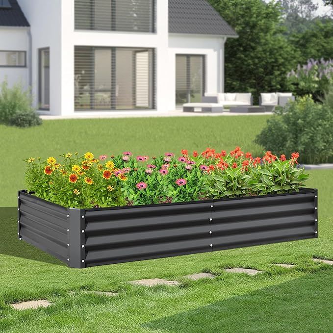 Domi Galvanized Raised Garden Bed, 8x4x1Ft Thickening Metal Planter Box for Vegetables Bottomless for Backyard Outdoor, 1" Deep w/ 228 Gallon Capacity - Dark Gray-PurrikoPets
