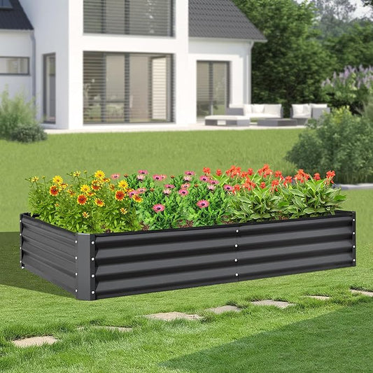 Domi Galvanized Raised Garden Bed, 8x4x1Ft Thickening Metal Planter Box for Vegetables Bottomless for Backyard Outdoor, 1" Deep w/ 228 Gallon Capacity - Dark Gray-PurrikoPets