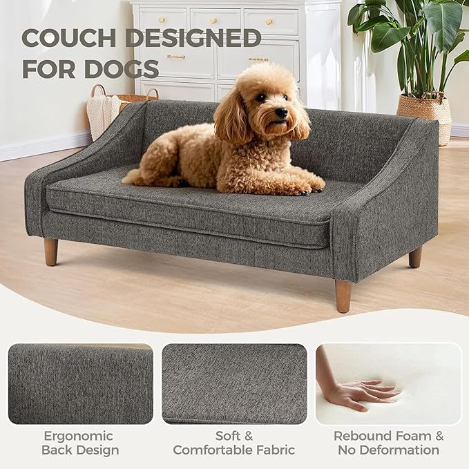 Dog Sofa Couch for Medium to Large Dogs, Durable Pet Sofa with Washable Fabric, Elevated Mini Dog Bed with Wooden Legs for Medium and Large Dogs, Dark Grey-PurrikoPets