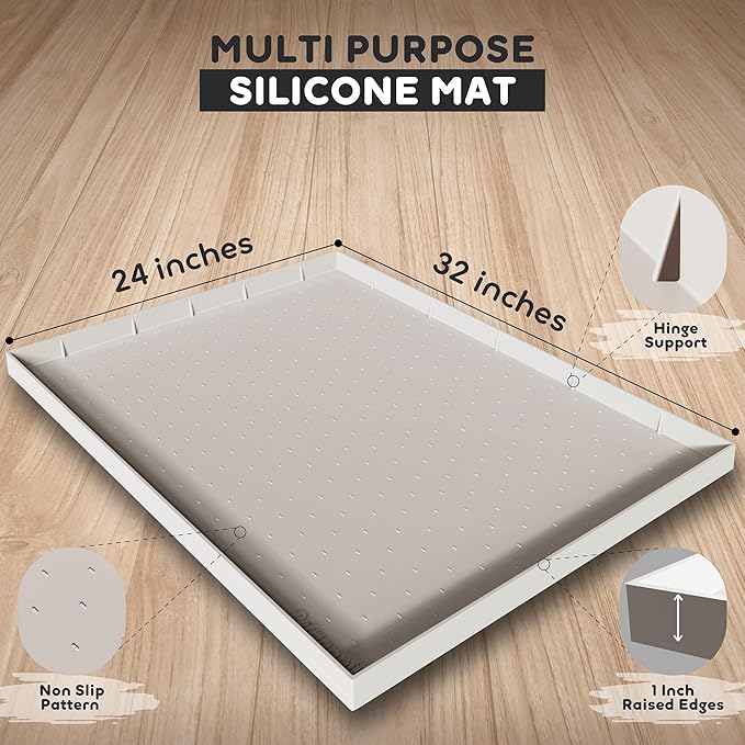32x24x1” XL Dog Food Mat - All Purpose Under Sink Liner, Washer and Dryer Covers for The Top, Silicone Griddle Mat for Blackstone - Raised Edges Dog Mat for Food and Water Prevent Spill, Waterproof-PurrikoPets