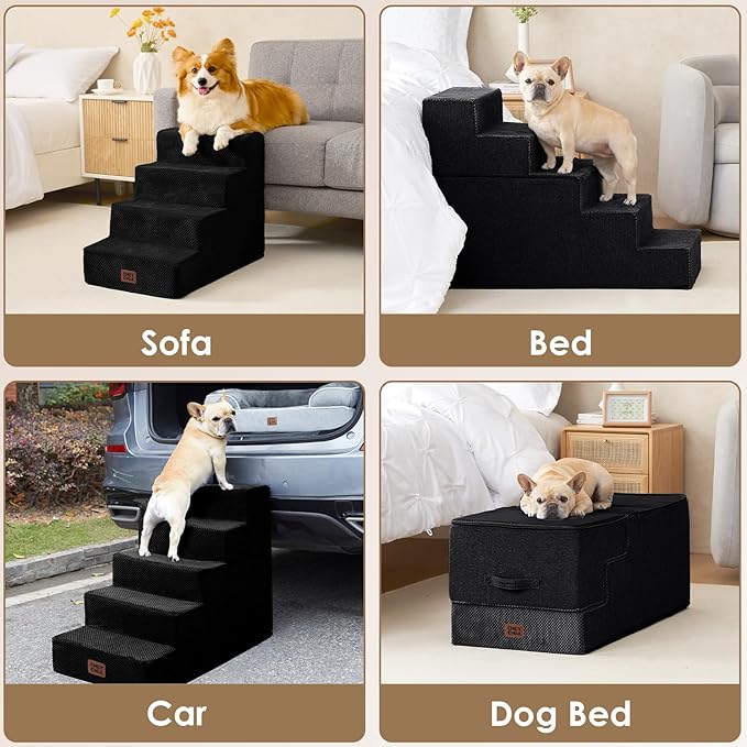 EHEYCIGA Dog Stairs for High Bed 25" H, 5-Step Extra Wide Dog Steps for Bed, Pet Steps for Small Dogs and Cats, Non-Slip Balanced Pet Ramp Indoor, Black-PurrikoPets
