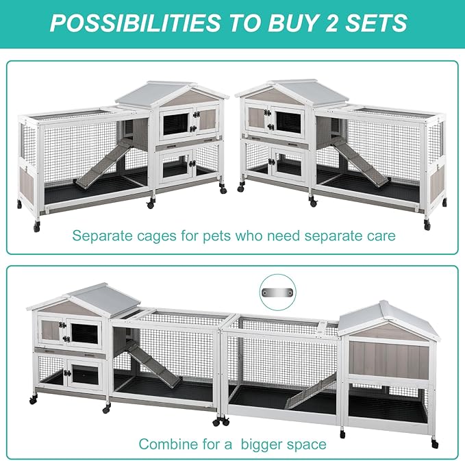 2-Tier Rabbit Hutch with Wheels, Indoor & Outdoor Small Animal Cage with Deep Pull-Out Tray, Anti-Chew Frame, Habitat for Bunny, Guinea Pig, Chinchilla (60" L x 19" W x 35" H)-PurrikoPets