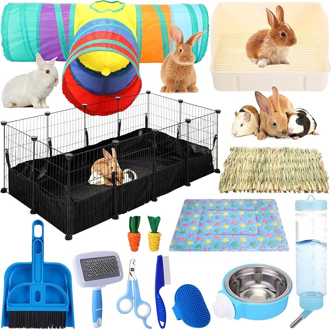 104 Pcs Rabbit Starter Kit Litter Box Bunny Tunnel Pet Playpen with Waterproof Mat Water Bottle Animal Grooming Kit Bowl Blankets with Cleaning Set for Guinea Pig Rabbit Accessories-PurrikoPets