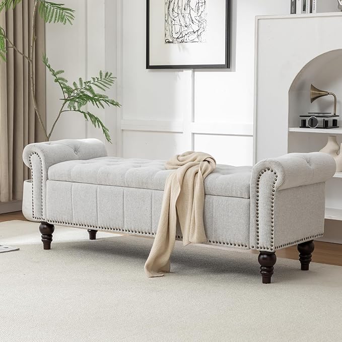 58’’ Storage Bench for Bedroom, Upholstered Button-Tufted Ottoman with Solid Wood Legs, Queen Size End of Bed Shoe Cabinet, Window Seat Foot Rest Stool for Entryway, Living Room (Silver)-PurrikoPets