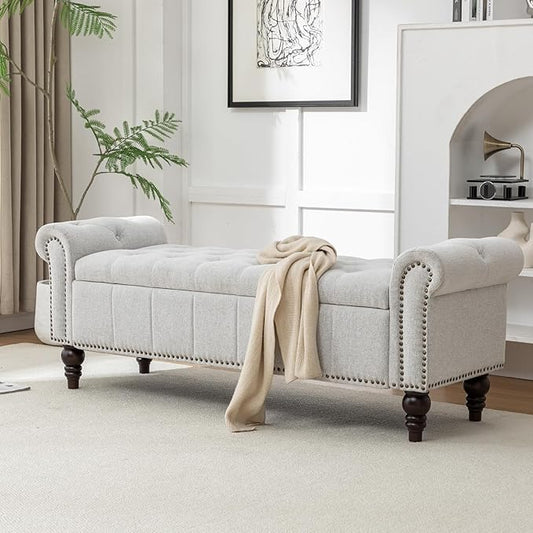 58’’ Storage Bench for Bedroom, Upholstered Button-Tufted Ottoman with Solid Wood Legs, Queen Size End of Bed Shoe Cabinet, Window Seat Foot Rest Stool for Entryway, Living Room (Silver)-PurrikoPets