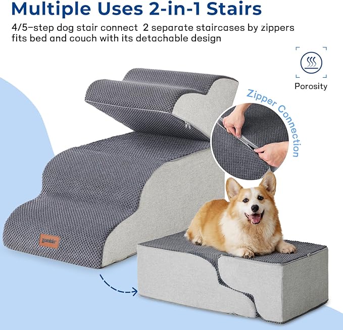 Dog Stairs for Small Dogs - Pet Stairs for Couch and Bed, 35D Foam Dog Steps Ramp with Non-Slip Bottom Brown, 3 Steps-PurrikoPets