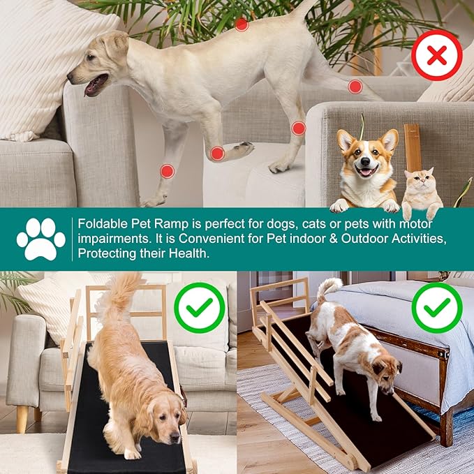 Dog Ramp for Bed, Adjustable Pet Ramps for Dog to Get on Bed, Non-Slip Rubber Surface - Folding Wooden Dog Ramp for Small/Large/Old Dogs, Adjustable up to 31 inch High Beds, Safety Railings-PurrikoPets