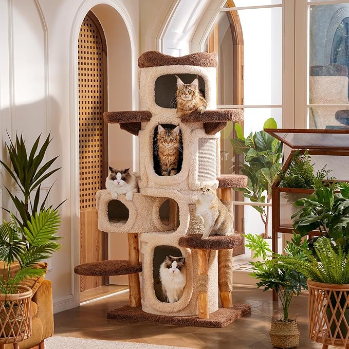 70" Heavy Duty Cat Tree for Large Cats with Toys, All-in-One Cat Tower with Cat Perch, Tall Cat Tower with Scratching Post, Brown Modern Cat House-PurrikoPets