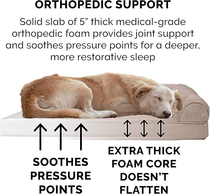 Furhaven Orthopedic Dog Bed for Large Dogs w/ Removable Bolsters & Washable Cover, For Dogs Up to 125 lbs - Plush & Suede Sofa - Almondine, Jumbo Plus/XXL-PurrikoPets