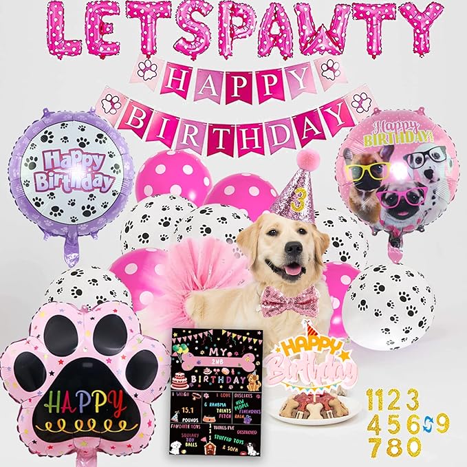 Dog Party Supplies Decorations - Cute Bandana, Let's Pawty Banner, Cake Topper, Hat, Pink Bowtie, Tutu Skirt, Paw Balloon for Birthday Celebration-PurrikoPets