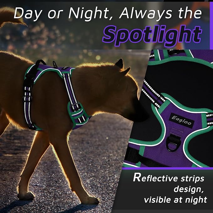 Eagloo Dog Harness for Large Dogs, No Pull Service Vest with Reflective Strips and Control Handle, Adjustable and Comfortable for Walking, No Choke Pet Harness with 2 Metal Rings, Purple & Green, L-PurrikoPets