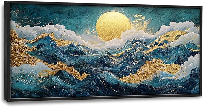 Framed Large Sun Mountain Wall Art, Oversized Teal and Golden Sun Wall Decor for Living Room, Abstract Landscape Canvas Painting Modern Artwork Home Decoration for Living Room Bedroom 60"x30"-PurrikoPets