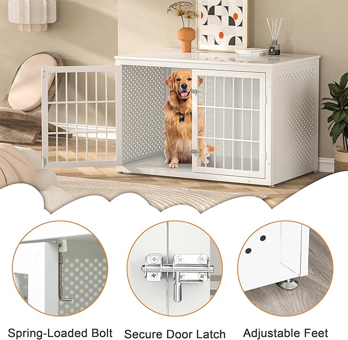 48" Heavy Duty Dog Crate Furniture for Large Dogs, Metal Cage for High Anxiety Dogs, Wooden Kennel Furniture Indoor, Decorative Dog Kennel End Table, XL,White-PurrikoPets