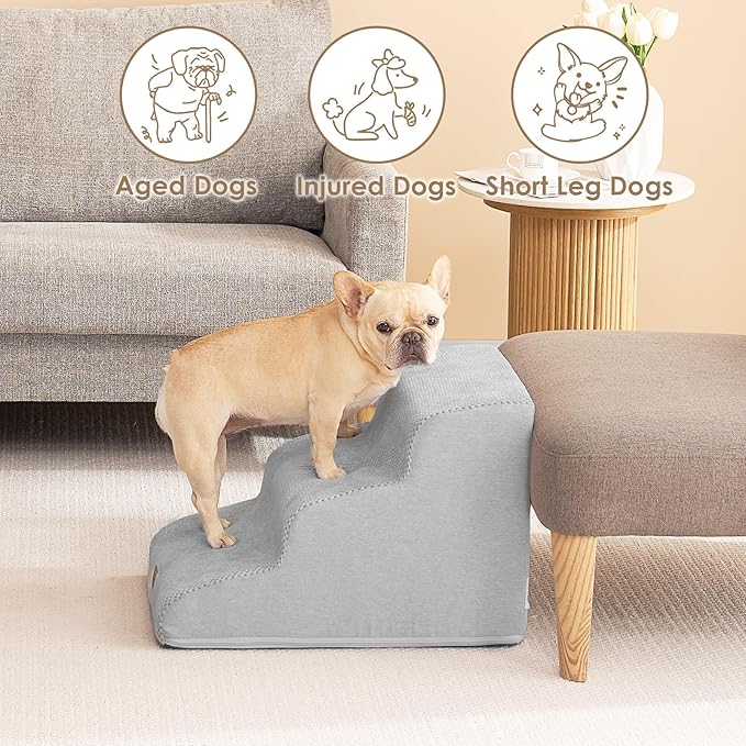 EHEYCIGA Curved Dog Stairs Ramp for Small Dogs 15.7" H, 3-Step Dog Steps for Couch Sofa and Chair, Pet Stairs for Cats, Non-Slip Balanced Pet Steps Indoor, Light Grey-PurrikoPets