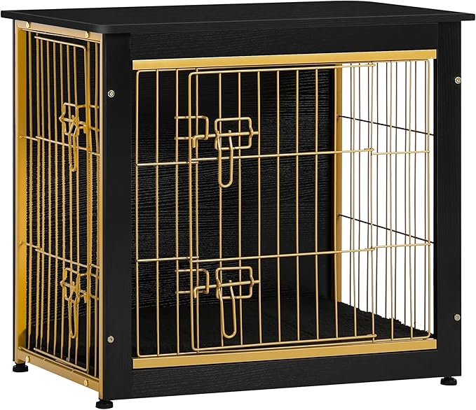 DWANTON Dog Crate Furniture with Cushion, Wooden Kennel Table with Double Doors, Indoor Dog House, Small/Medium/Large Size, 27.2" L, Black+Gold-PurrikoPets