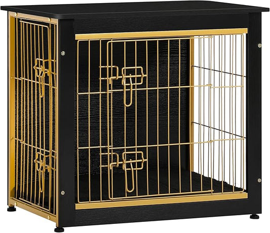DWANTON Dog Crate Furniture with Cushion, Wooden Kennel Table with Double Doors, Indoor Dog House, Small/Medium/Large Size, 27.2" L, Black+Gold-PurrikoPets