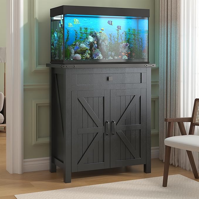 20 Gallon Aquarium Stand With Charging Station, Farmhouse Fish Tank Stand, Reptile Tank Stand Terrarium Stand with Drawer and Cabinet Storage, Sturdy Heavy Duty 27.6"×15.7" Tabletop - Black-PurrikoPets