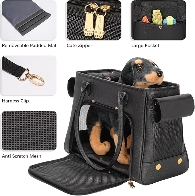 Fashion Pet Carrier Purse for Small Cat and Dog, Luxury Pu Soft-Sided Tote Bag with Large Pockets for Dogs and Puppies (Black, 15.8" L x 7.5" W x 11.8" H)-PurrikoPets
