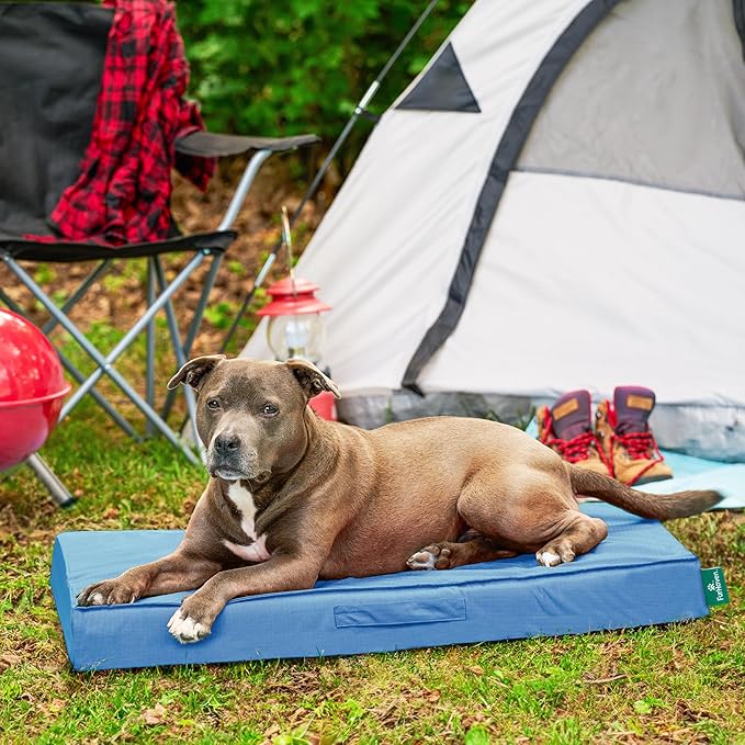 FurHaven Cooling Dog Bed – Large Foam Mattress for Joint Pain Relief, Waterproof Liner, Removable Washable Cover, Durable for Outdoor Use, Deluxe Grid Indoor/Outdoor Bed – Blue, Large-PurrikoPets