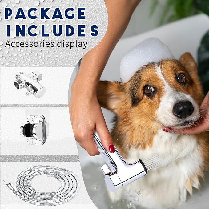Dog Shower Attachment for Pet Bath,Dog Washing Hose Attachment,Dog Wash Sprayer Kit Includes 2-mode Dog Shower Handheld,118 Inches Stainless Steel Hose,G1/2" Metal Shower Diverter (Sprayer Kit)-PurrikoPets