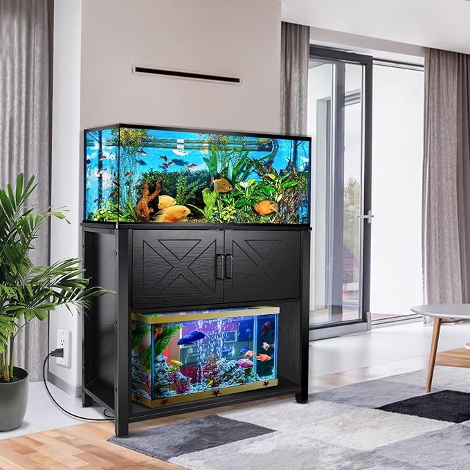 40 Gallon Tank Stand with Cabinet and Power Outlets, Heavy Duty Metal Aquarium Stand for 40-50 Gallon Breeder Tank, Turtle Tank, Double Terrarium Stand, 660LBS Capacity, Black-PurrikoPets