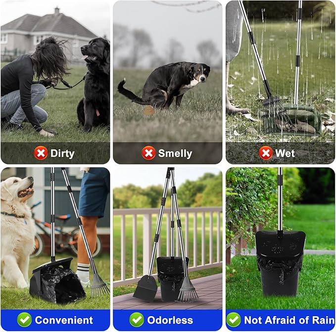 Dog Poop Scooper with 20 Bag Attachment Long Handle Swivel Bin, Rake & Spade Heavy Duty Easy to Clean Pooper Scooper for Large Medium Dogs Pet Waste Removal Solution for Yard, Grass, Gravel-PurrikoPets