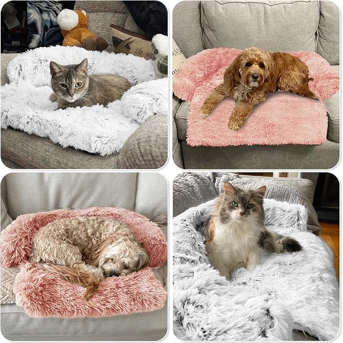 GGIB Calming Dog Bed Fluffy Plush Dog Mat for Furniture Protector with Removable Washable Cover for Large Medium Small Dogs and Cats (XS (31"x23.5"x5"), Pink)-PurrikoPets