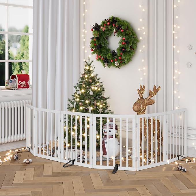 Dog Gates for Doorways Extra Wide 110inches (9ft), Wooden Freestanding Pet Gates for Dogs with 4 Support Stands, Foldable Gates for Dogs Indoor-PurrikoPets