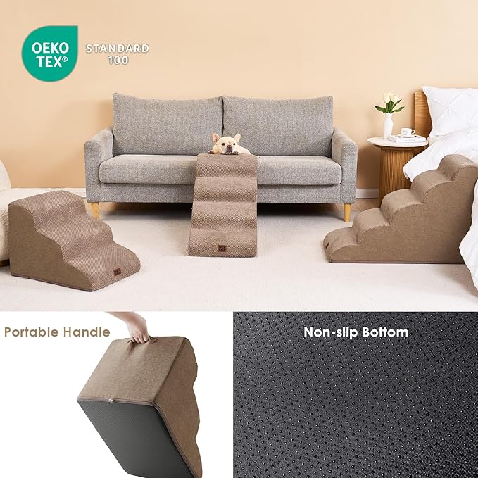 EHEYCIGA Curved Dog Stairs Ramp for High Beds 19.7" H, 4-Step Dog Steps for Small Dogs and Cats, Pet Stairs for High Bed Climbing, Non-Slip Balanced Pet Step Indoor, Camel-PurrikoPets