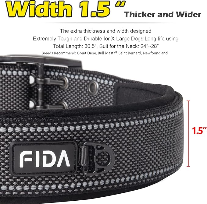 Fida Heavy Duty Dog Collar 1.5” Width, Ultra Soft Neoprene Padded, Adjustable Reflective Nylon Pet Collar with Two Metal Pin Belt Buckle for Large/X-Large Breeds (XL, Black)-PurrikoPets