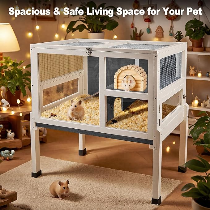 2-Story Guinea Pig Cage with Stand, Indoor Wooden Hamster Cage with Ramp, Pull-Out Tray, Hideout & Platform, Acrylic Transparent Small Animal Habitat for Chinchillas, Ferrets, Hedgehogs,Grey-PurrikoPets