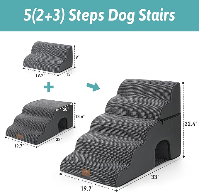 Extra Wide Dog Stairs with Tunnel, Detachable Large Pet Step for Small Medium Dog, Puppy or Cat, Ramp for High Bed, Couch, Sofa or Car, Stable, 19.7x33x22.4 inch, 5 Step, Dark Grey-PurrikoPets
