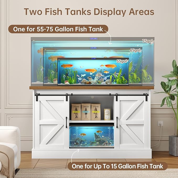 55-75 Gallon Fish Tank Stand with Sliding Barn Doors & Power Outlet, Heavy Duty Aquarium Stand with Cabinet Storage for Fish Tank, Turtle Tank, Reptile Terrarium, 1000LBS Capacity, White-PurrikoPets