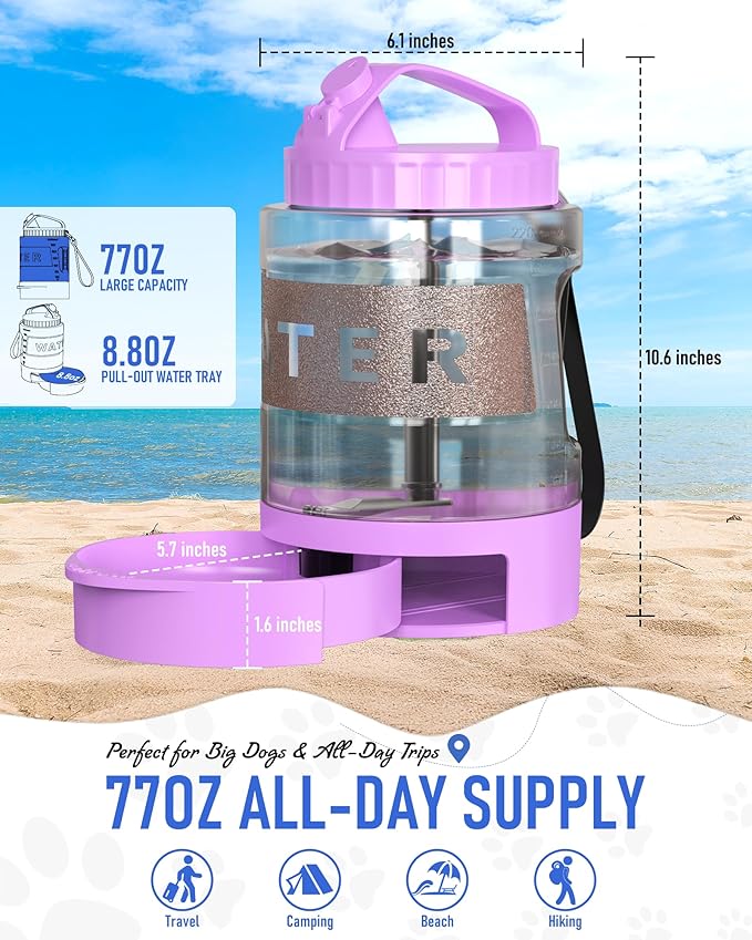 77oz Dog Travel Water Bottle, Large Portable Dog Water Bowl Dispenser, Leakproof Pet Drinking Bottle Dispenser for Hiking Camping Walking Travelling Beach Car Trips, No Spill, BPA Free,Purple-PurrikoPets