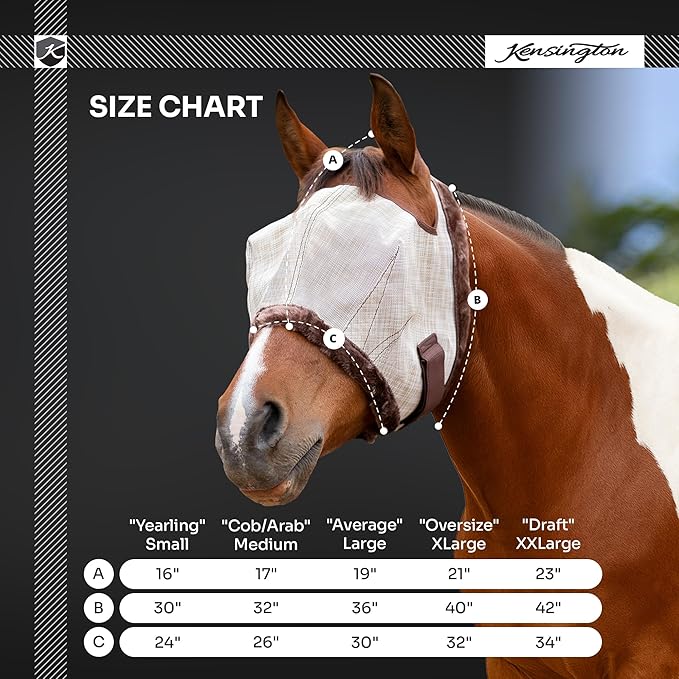 Kensington Fly Mask with Fleece Trim for Horses — Protects Face and Eyes from Flies and Sun Rays While Allowing Full Visibility — Breathable and Non Heat Transferring, Large, Atlantis-PurrikoPets