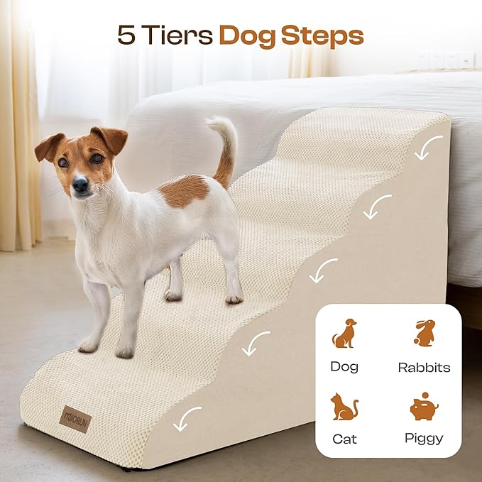 Dog Stairs for High Beds, Extra Tall 24.5" 5-Step Pet Steps for Medium & Small Dogs, Foam Ramp for Tall Couch & Bed, Washable Cover - Dog Steps for Bed-PurrikoPets