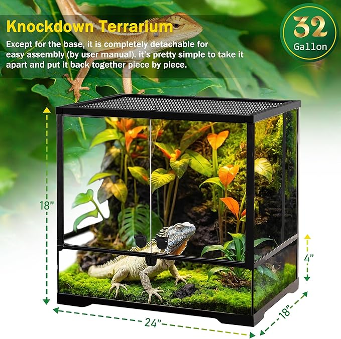 32 Gallon Professional Glass Terrarium 24"x18"x18" Durable Reptile Habitat Tank with Heat Resistant Aluminum Alloy Frame, Dual Front Swinging Doors for no Jam by Sand and Other Debris-PurrikoPets