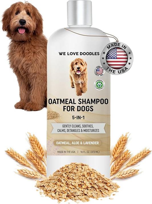 5-in-1 Premium Oatmeal Shampoo for Dogs, Gentle for Itchy & Sensitive Skin, Provides Itch Relief, Hypoallergenic & Soothing for Dry Skin, Moisturizing Anti-Itch, Made in USA, 16 oz [We Love Doodles]-PurrikoPets