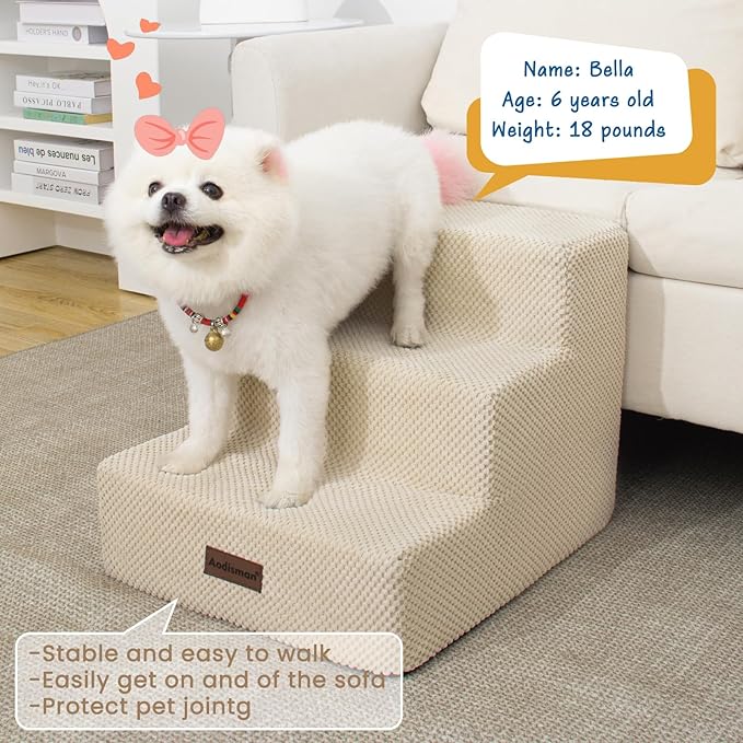 Dog Stairs for Small Dogs & Cats, 3-Step Non-Slip Pet Steps for Couch Sofa and Chair, Beige, 13.6" H-PurrikoPets