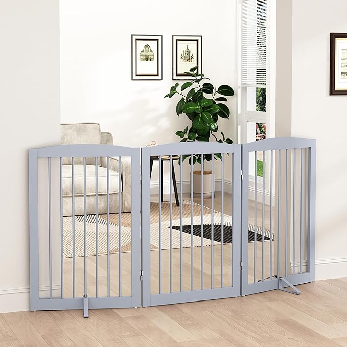Freestanding Pet Gate for Dogs, Foldable Wooden Dog Gate for House Indoor, Tall Pet Fence for Stair, Doorway,Hall, Support Feet Included, 3 Panels 32",Grey-PurrikoPets