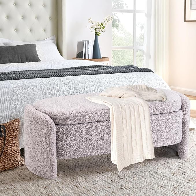 48 Inch Lamb Fleece Oval Storage Bench Upholstered Ottoman Bench with Storage, Bedroom Bench with Large Storage Space, for Bedroom Living Room Entryway, Grey-PurrikoPets