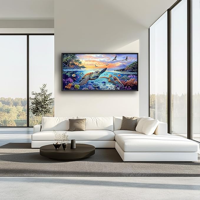 Framed Large Sea Turtle Wall Art for Living Room, Oversized Ocean Turtle Wall Decor Seascape Underwater Marine Life Canvas Painting Home Decoration for Living Room Bedroom Office 60"x30"-PurrikoPets