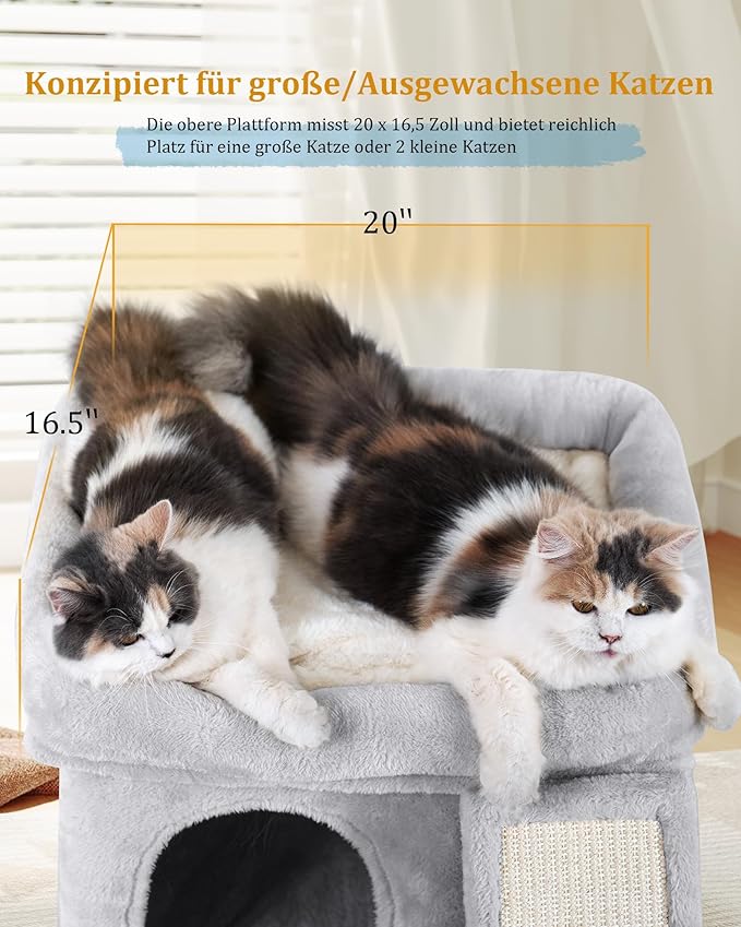 14in Cat Tree Tower with 20 * 16.5in Perch Bed and Washable Top for Large Adult Cats, Condo and Scratching Post for Indoor Kitten Pet, Light Gray-PurrikoPets