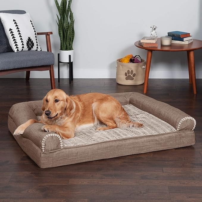 Furhaven Cooling Gel Dog Bed for Large Dogs w/ Removable Bolsters & Washable Cover, For Dogs Up to 95 lbs - Luxe Faux Fur & Performance Linen Sofa - Woodsmoke, Jumbo/XL-PurrikoPets