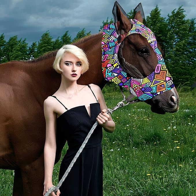 Frienda 4 Pieces Horse Fly Masks with Ears Face Covering UV Protection from Insect Pests Elasticity Smooth Comfortable Mesh Horse Mask Accessories(Geometric,Large)-PurrikoPets