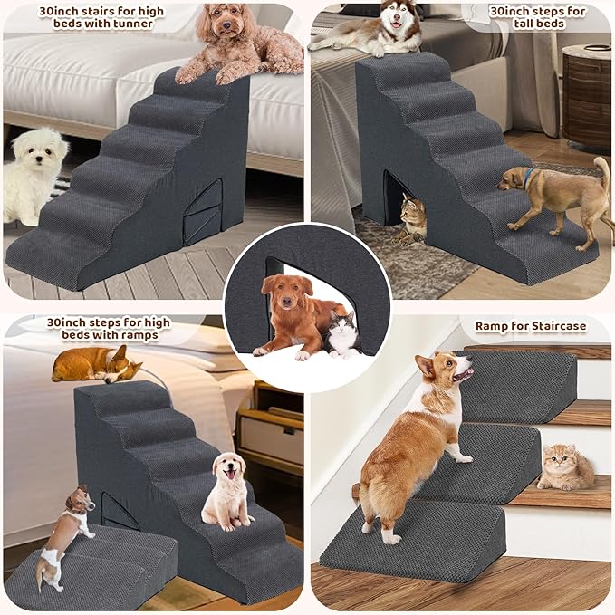 Dog Stairs & Steps Ramps for High Beds 30 inches High Tall, LitaiL 6 Step Pet Stairs Steps for Small Large Dogs, Non-Slip Dog Ramps with 3 Pack Ramps for Staircase-PurrikoPets